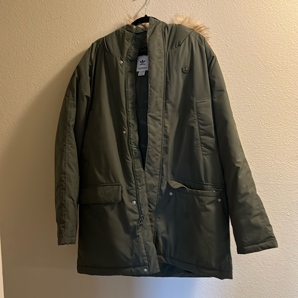 Adidas army green parka with hood